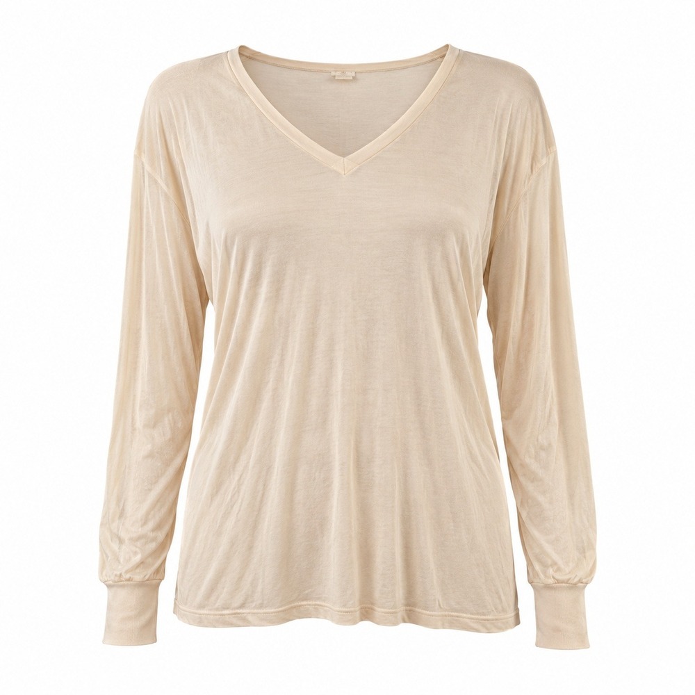 WinterSilks Womens 100% Pure Silk Base Layer Top XL Beige Tan V Neck Long Sleeve
